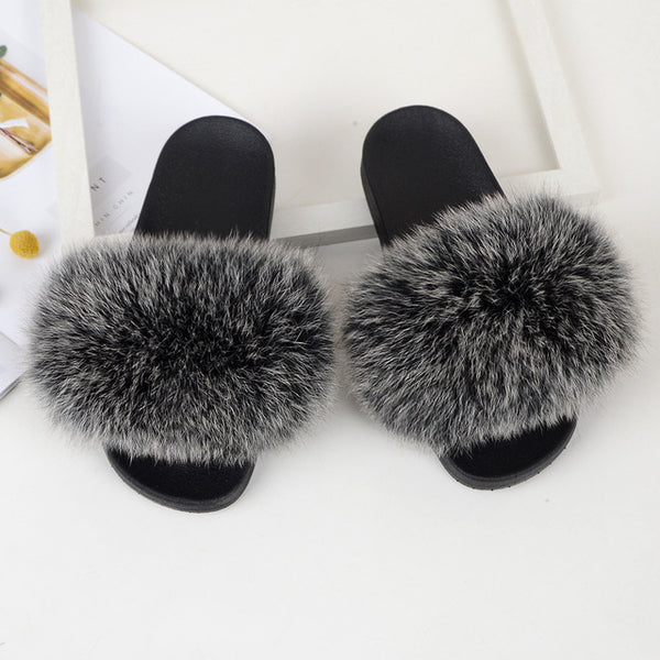 Fur slippers  Fox Fur Female Summer Outer Wear Korean Version of the Fashion Flat Wild Red Sandals women shoes Fluffy sandals