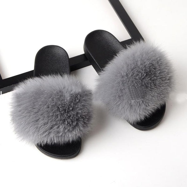 Fur slippers  Fox Fur Female Summer Outer Wear Korean Version of the Fashion Flat Wild Red Sandals women shoes Fluffy sandals