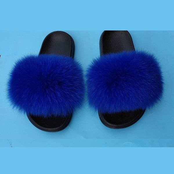 Fur slippers  Fox Fur Female Summer Outer Wear Korean Version of the Fashion Flat Wild Red Sandals women shoes Fluffy sandals