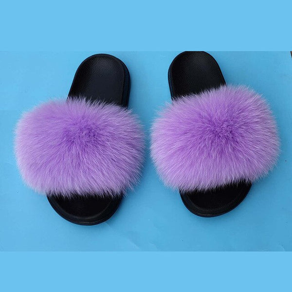 Fur slippers  Fox Fur Female Summer Outer Wear Korean Version of the Fashion Flat Wild Red Sandals women shoes Fluffy sandals