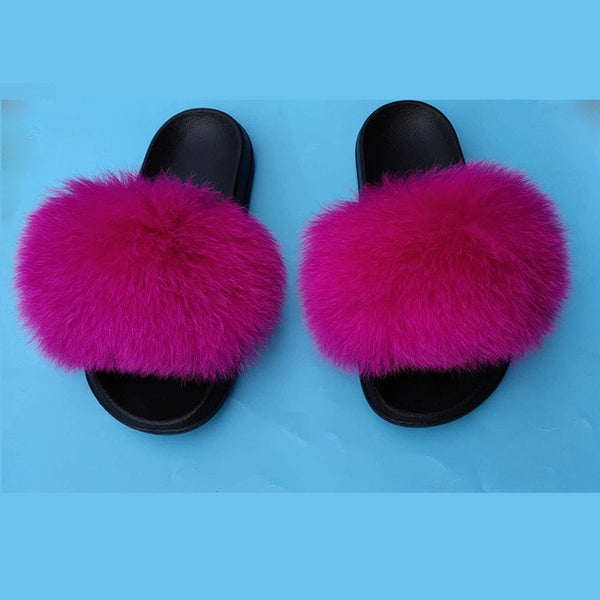 Fur slippers  Fox Fur Female Summer Outer Wear Korean Version of the Fashion Flat Wild Red Sandals women shoes Fluffy sandals