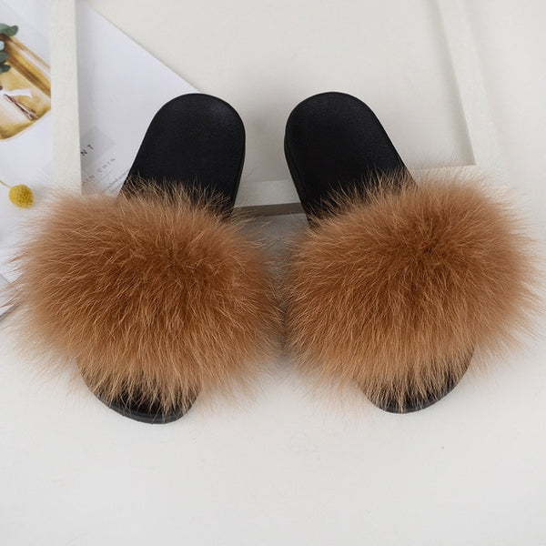 Fur slippers  Fox Fur Female Summer Outer Wear Korean Version of the Fashion Flat Wild Red Sandals women shoes Fluffy sandals