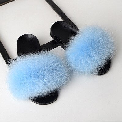 Fur slippers  Fox Fur Female Summer Outer Wear Korean Version of the Fashion Flat Wild Red Sandals women shoes Fluffy sandals