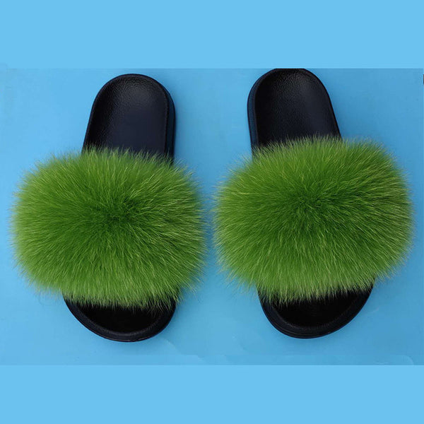 Fur slippers  Fox Fur Female Summer Outer Wear Korean Version of the Fashion Flat Wild Red Sandals women shoes Fluffy sandals