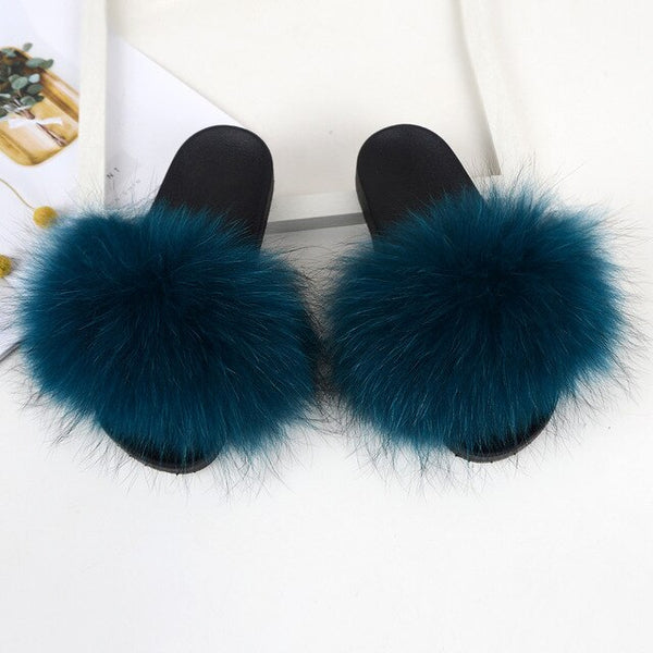 Fur slippers  Fox Fur Female Summer Outer Wear Korean Version of the Fashion Flat Wild Red Sandals women shoes Fluffy sandals