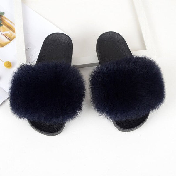 Fur slippers  Fox Fur Female Summer Outer Wear Korean Version of the Fashion Flat Wild Red Sandals women shoes Fluffy sandals