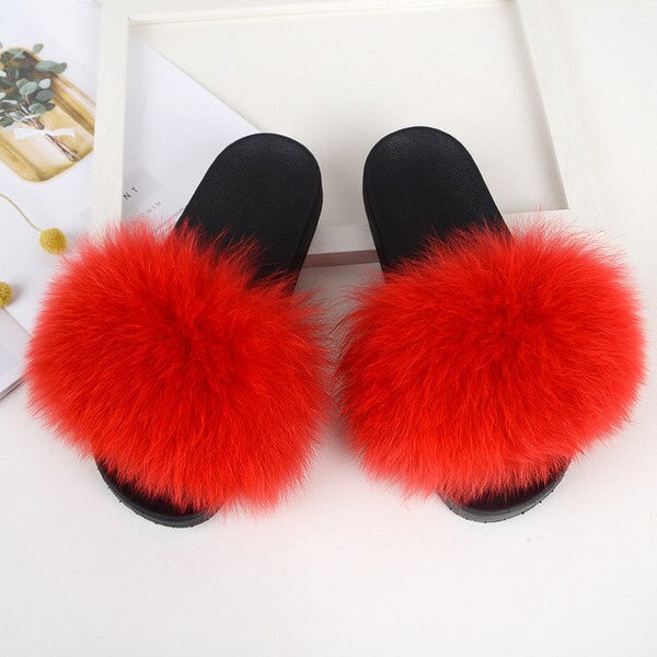 Fur slippers  Fox Fur Female Summer Outer Wear Korean Version of the Fashion Flat Wild Red Sandals women shoes Fluffy sandals