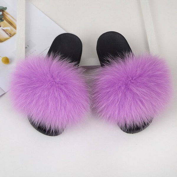 Fur slippers  Fox Fur Female Summer Outer Wear Korean Version of the Fashion Flat Wild Red Sandals women shoes Fluffy sandals