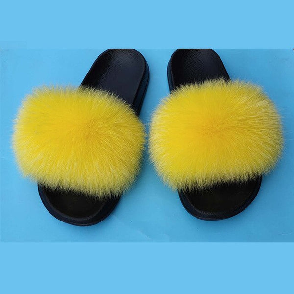 Fur slippers  Fox Fur Female Summer Outer Wear Korean Version of the Fashion Flat Wild Red Sandals women shoes Fluffy sandals