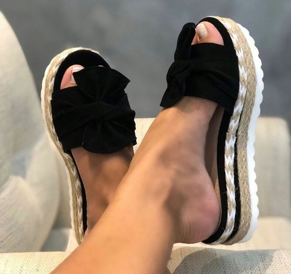 Slippers Women Summer Sandals Woman 2020 Femmes Chaussures Chanclas Mujer Platform Slides Bow Outside Flip-flops Yellow Wedge