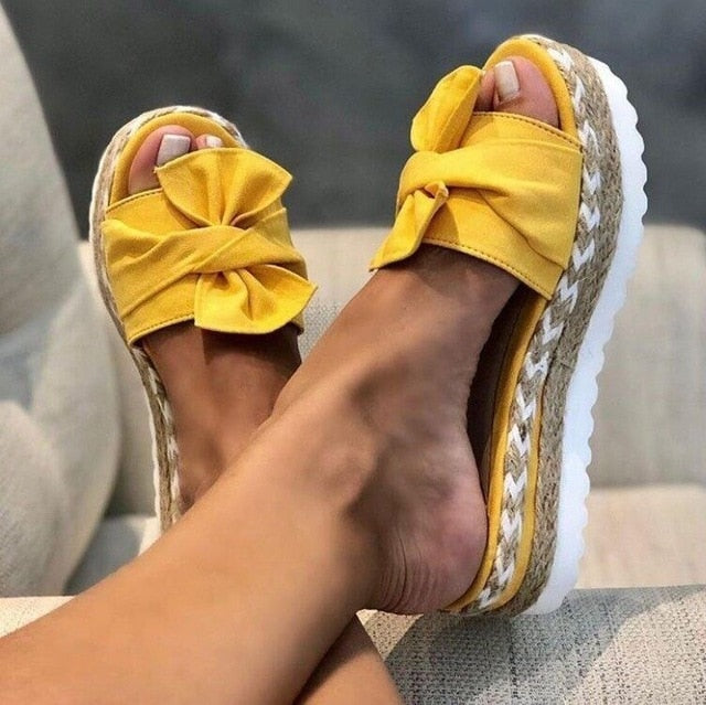 Slippers Women Summer Sandals Woman 2020 Femmes Chaussures Chanclas Mujer Platform Slides Bow Outside Flip-flops Yellow Wedge