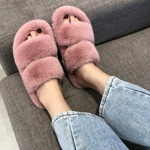 Women Fur Slippers Furry Fuzzy Home Slippers Ladies Slip on Indoor Slides Soft Thick Bottom Fluffy Slippers Warm Shoes Flats New