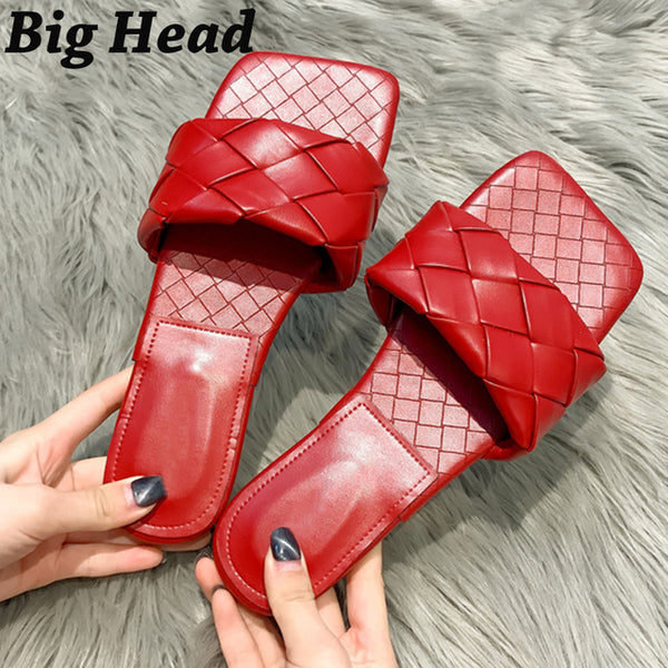 Rimocy Red Leather Weaving Beach Slippers Women Summer Casual Open Toe Flat Heel Sandals Woman Comfortable Outdoor Slides Mujer