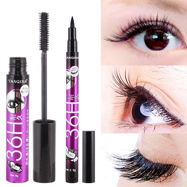 2 in 1 Eye Mackup Set Black Mascara Eye Makeup Pen Lasting Fashion Eyeliner Suit 36H Set Women Extension Sweatproof Waterproof