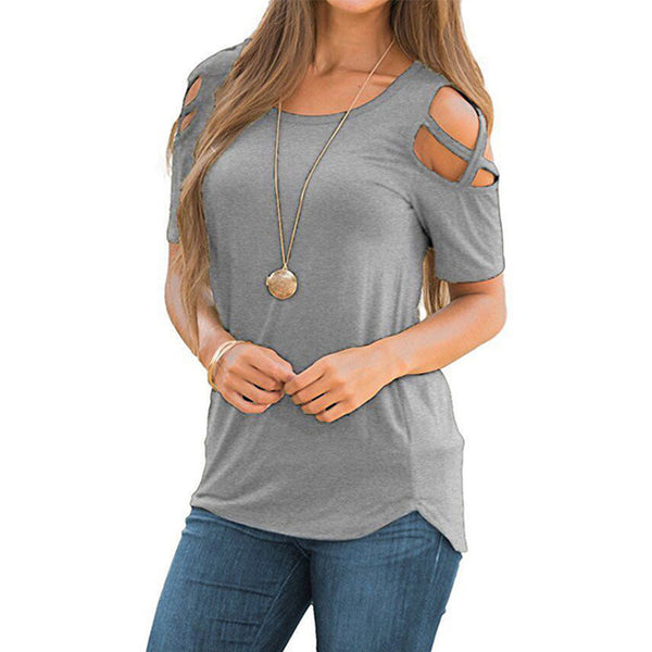 Women T Shirt Short Sleeve Tops Strappy Cold Shoulder Top Tee Women Short Sleeve O-neck Casual Top Tees Plus Size Women Clothing