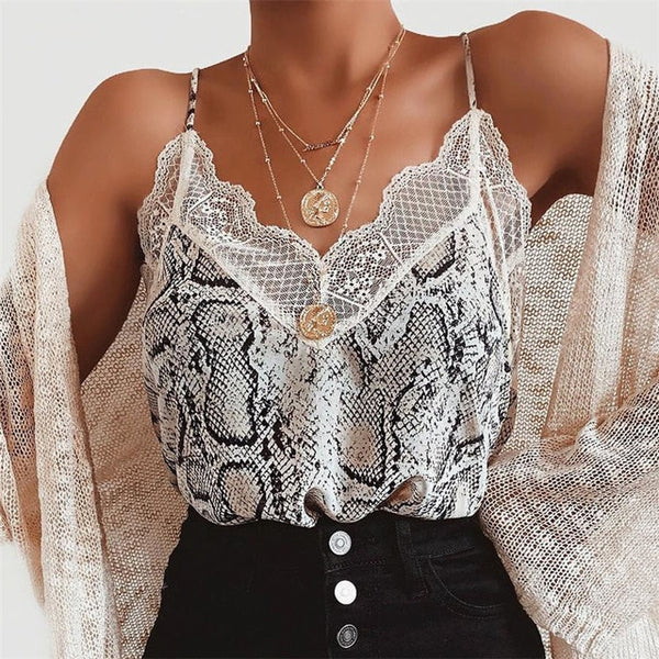 Fashion Women Summer Lace Top Leopard Snake Print Tank Elegant Loose V Neck Vest Ladies Strappy camisa feminina debardeur femme