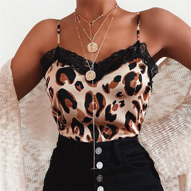 Fashion Women Summer Lace Top Leopard Snake Print Tank Elegant Loose V Neck Vest Ladies Strappy camisa feminina debardeur femme