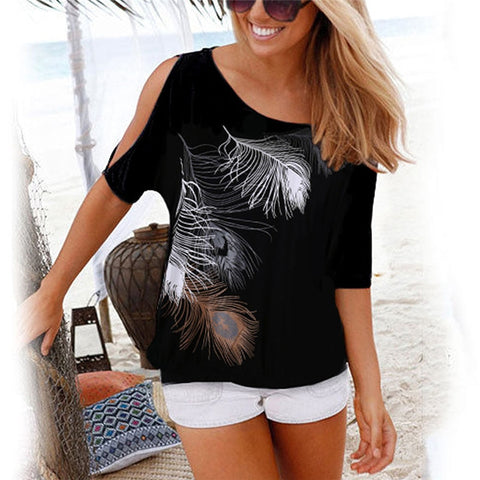 Women Summer 2020 Tshirt Casual Short Sleeve Tops Tees Sexy Off Shoulder Feather Print T-Shirt O-neck Loose Plus Size 5XL Shirts