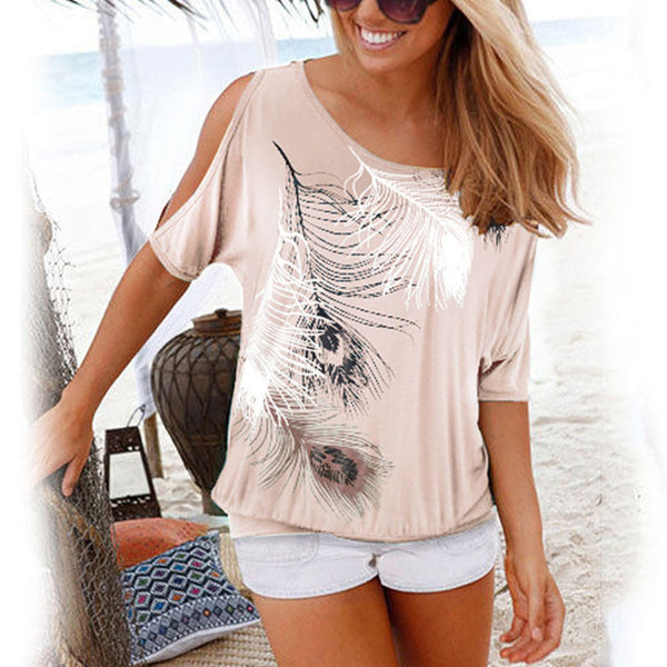 Women Summer 2020 Tshirt Casual Short Sleeve Tops Tees Sexy Off Shoulder Feather Print T-Shirt O-neck Loose Plus Size 5XL Shirts