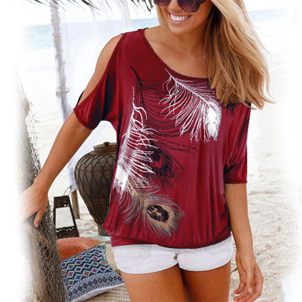 Women Summer 2020 Tshirt Casual Short Sleeve Tops Tees Sexy Off Shoulder Feather Print T-Shirt O-neck Loose Plus Size 5XL Shirts